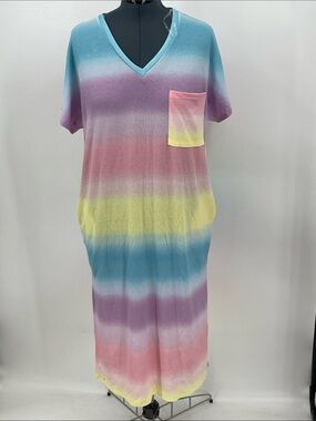 MY STORY WOMENS L Pastel Rainbow Stripe V-Neck Maxi Dress with Pocket
